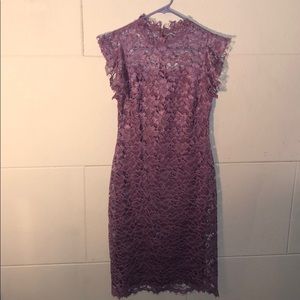 Lacey mock neck cocktail dress in lilac